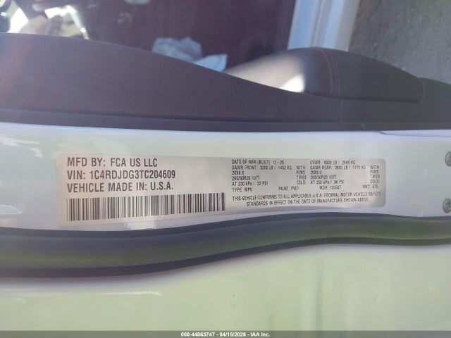 Aukcja sprzedaży 2026 Dodge Durango Gt, vin: 1C4RDJDG3TC204609, numer aukcji: 44863747