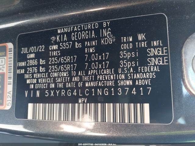 44863748 :رقم المزاد ، 5XYRG4LC1NG137417 vin ، 2022 Kia Sorento Lx مزاد بيع