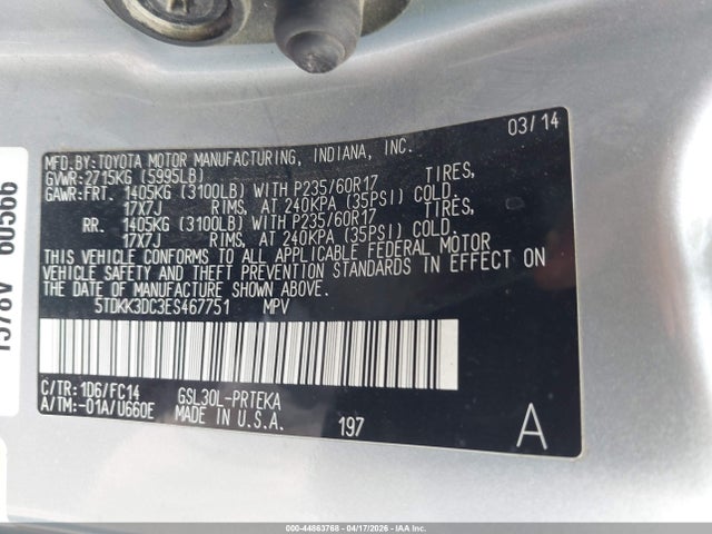 2014 Toyota Sienna Le V6 8 Passenger მანქანა იყიდება აუქციონზე, vin: 5TDKK3DC3ES467751, აუქციონის ნომერი: 44863768