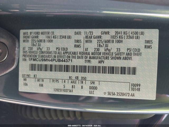 44863773 :رقم المزاد ، 1FMCU9MN4PUB44371 vin ، 2023 Ford Escape St-line مزاد بيع