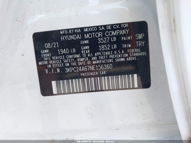 Aukcja sprzedaży 2022 Hyundai Accent Se, vin: 3KPC24A67NE156360, numer aukcji: 44863779