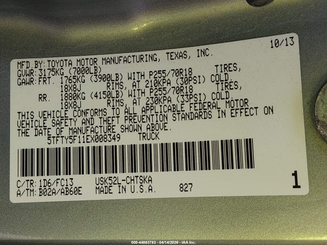 Toyota Tundra Sr5 5.7l V8 2014 5TFTY5F11EX008349 Image 9