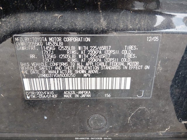44863788 :رقم المزاد ، JTMBD31V065008250 vin ، 2006 Toyota Rav4 Limited مزاد بيع