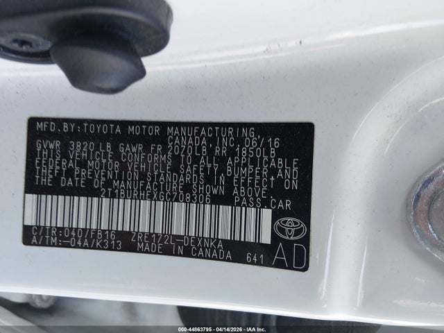 44863795 :رقم المزاد ، 2T1BURHEXGC708306 vin ، 2016 Toyota Corolla Le مزاد بيع