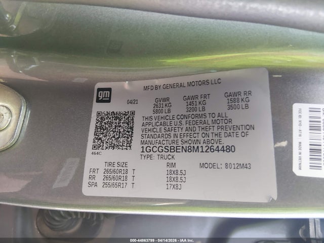 1GCGSBEN8M1264480 Chevrolet Colorado 2wd Short Box Wt