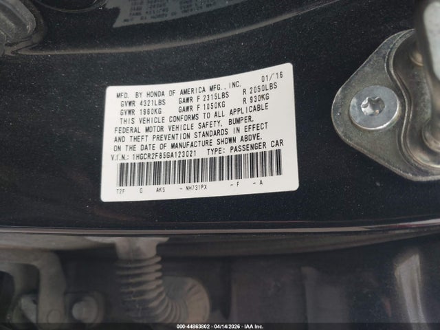 Продаж на аукціоні авто 2016 Honda Accord Ex-l, vin: 1HGCR2F85GA123021, номер лоту: 44863802