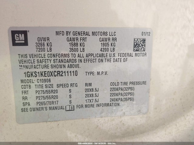 Aukcja sprzedaży 2012 Gmc Yukon Xl 1500 Slt, vin: 1GKS1KE0XCR211110, numer aukcji: 44863805