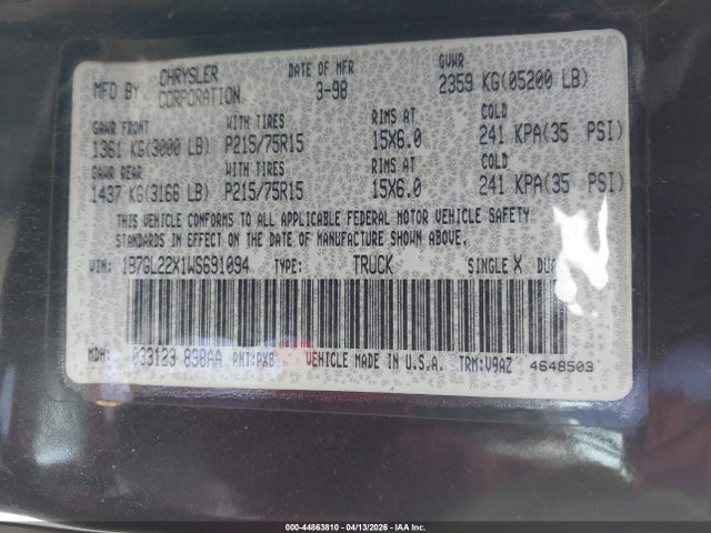 Aukcja sprzedaży 1998 Dodge Dakota Slt/sport, vin: 1B7GL22X1WS691094, numer aukcji: 44863810