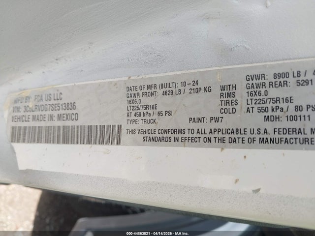 Продажа на аукционе авто 2025 Ram Promaster 2500 Tradesman High Roof 159 Wb W/pass Seat, vin: 3C6LRVDG7SE513836, номер лота: 44863821
