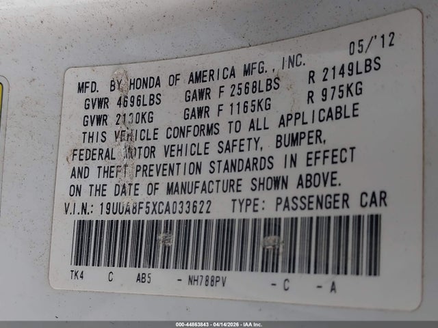 Aukcja sprzedaży 2012 Acura Tl 3.5, vin: 19UUA8F5XCA033622, numer aukcji: 44863843