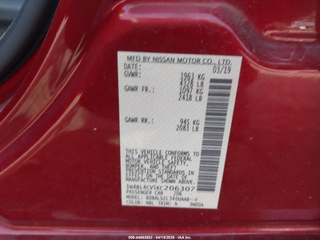 44863852 :رقم المزاد ، 1N4BL4CV5KC206307 vin ، 2019 Nissan Altima 2.5 Sr مزاد بيع