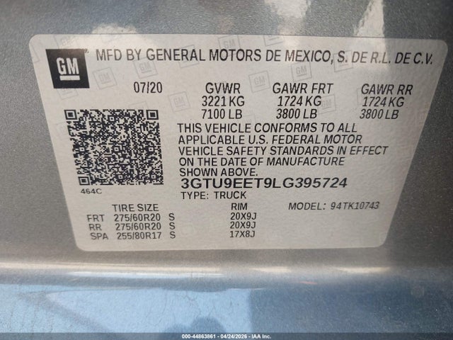 Aukcja sprzedaży 2020 Gmc Sierra 1500 4wd  Standard Box At4, vin: 3GTU9EET9LG395724, numer aukcji: 44863861
