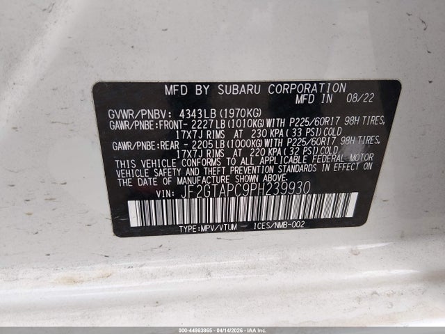 Продаж на аукціоні авто 2023 Subaru Crosstrek Premium, vin: JF2GTAPC9PH239930, номер лоту: 44863865