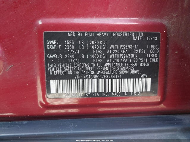 44863869 :رقم المزاد ، 4S4BRBCC7E3264124 vin ، 2014 Subaru Outback 2.5i Premium مزاد بيع