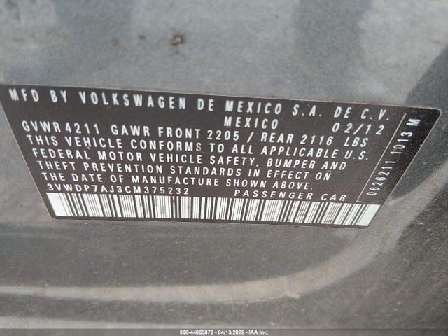 Продаж на аукціоні авто 2012 Volkswagen Jetta 2.5l Se, vin: 3VWDP7AJ3CM375232, номер лоту: 44863872
