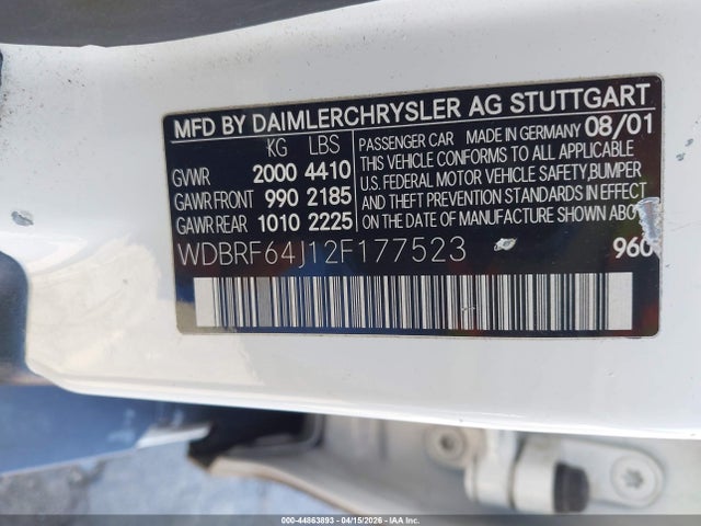 Aukcja sprzedaży 2002 Mercedes-benz C 320, vin: WDBRF64J12F177523, numer aukcji: 44863893