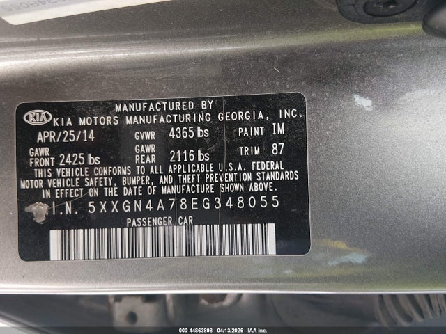 Продажа на аукционе авто 2014 Kia Optima Ex, vin: 5XXGN4A78EG348055, номер лота: 44863898