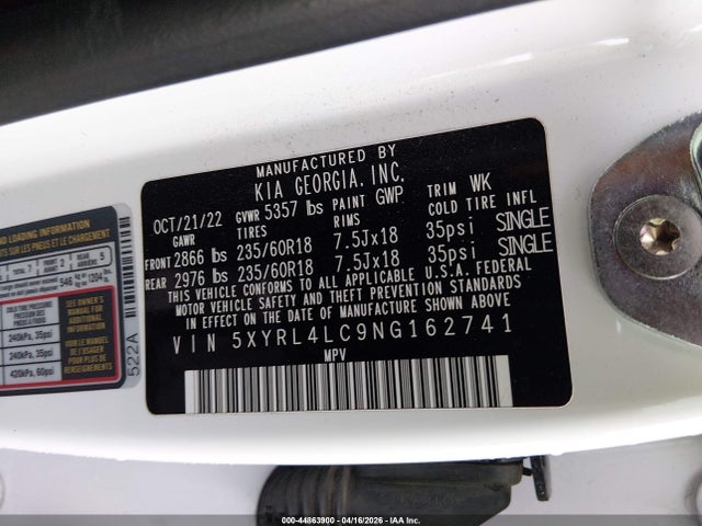 Продажа на аукционе авто 2022 Kia Sorento S, vin: 5XYRL4LC9NG162741, номер лота: 44863900