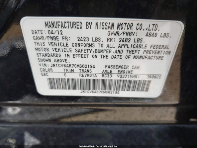 44863904 :رقم المزاد ، JN1CV6AR7CM682194 vin ، 2012 Infiniti G37x مزاد بيع
