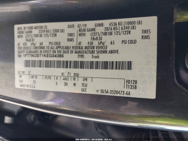 2019 Ford F-250 Xlt მანქანა იყიდება აუქციონზე, vin: 1FT7W2BT1KEG04386, აუქციონის ნომერი: 44863913