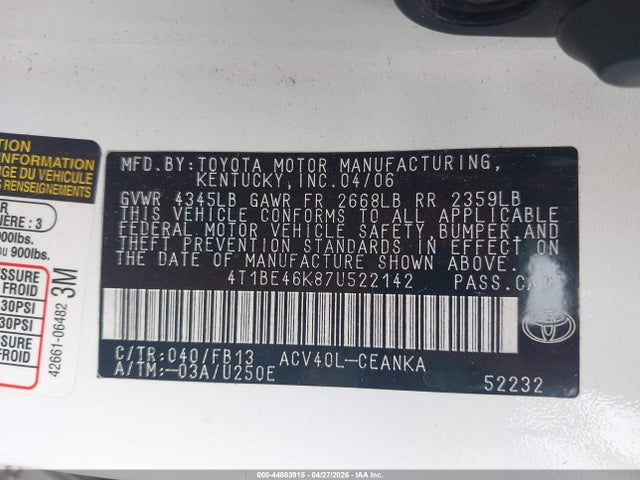 Aukcja sprzedaży 2007 Toyota Camry Le, vin: 4T1BE46K87U522142, numer aukcji: 44863915