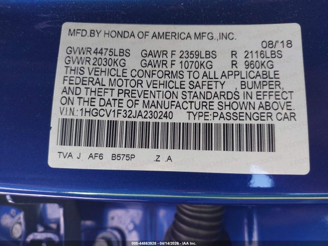 1HGCV1F32JA230240 Honda Accord Sport