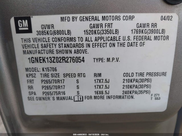 Продажа на аукционе авто 2002 Chevrolet Tahoe Z71, vin: 1GNEK13Z02R276054, номер лота: 44863933