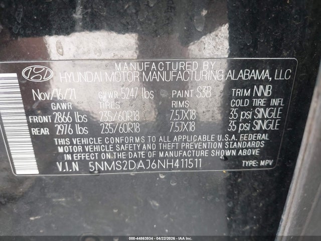 Продажа на аукционе авто 2022 Hyundai Santa Fe Sel, vin: 5NMS2DAJ6NH411511, номер лота: 44863934