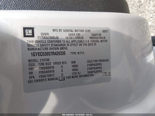 Aukcja sprzedaży 2007 Cadillac Escalade Standard, vin: 1GYEC63807R426336, numer aukcji: 44863939