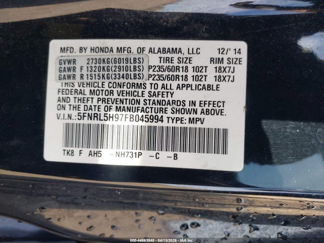 44863940 :رقم المزاد ، 5FNRL5H97FB045994 vin ، 2015 Honda Odyssey Touring/touring Elite مزاد بيع