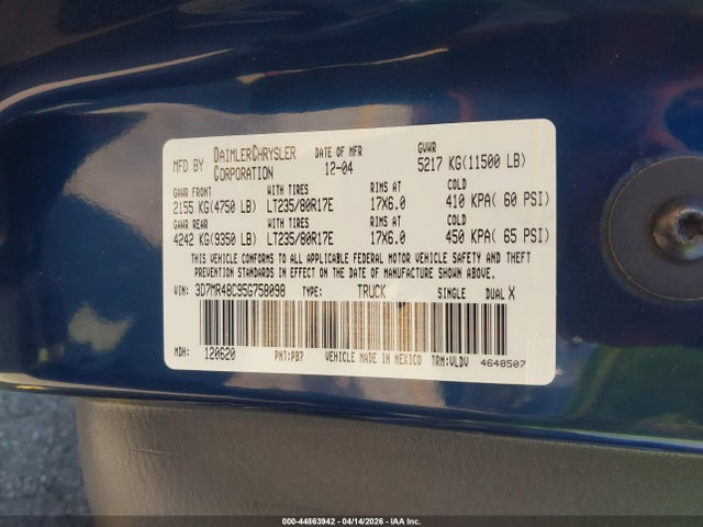Продаж на аукціоні авто 2005 Dodge Ram 3500 Slt/laramie, vin: 3D7MR48C95G758098, номер лоту: 44863942