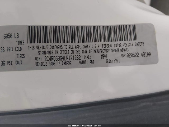 Продаж на аукціоні авто 2020 Dodge Grand Caravan Se, vin: 2C4RDGBG4LR171262, номер лоту: 44863943