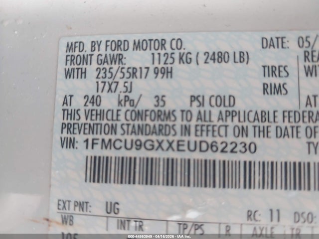 44863949 :رقم المزاد ، 1FMCU9GXXEUD62230 vin ، 2014 Ford Escape Se مزاد بيع