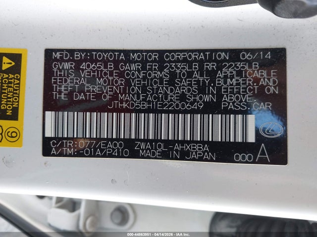 JTHKD5BH1E2200649 Lexus CT 200H