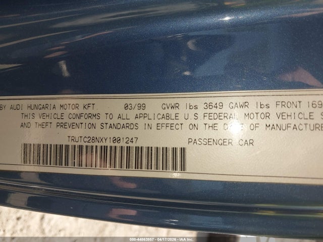 Продаж на аукціоні авто 2000 Audi Tt, vin: TRUTC28NXY1001247, номер лоту: 44863957