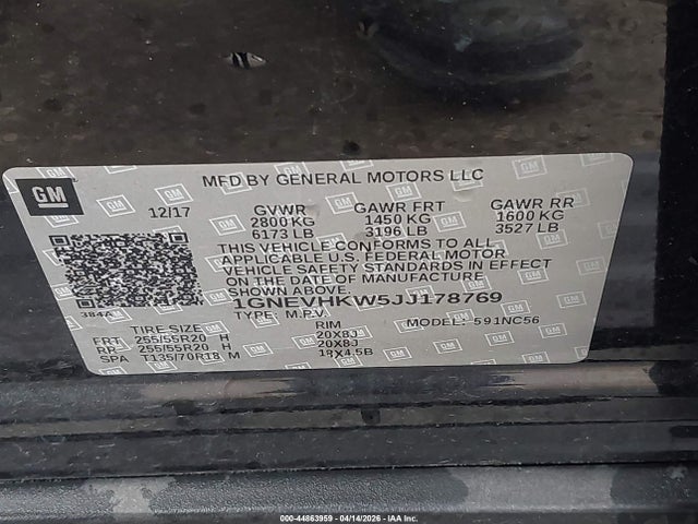 44863959 :رقم المزاد ، 1GNEVHKW5JJ178769 vin ، 2018 Chevrolet Traverse 3lt مزاد بيع