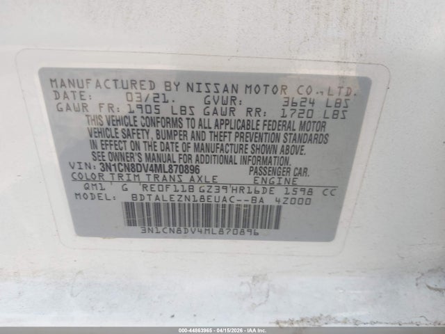 Nissan Versa S Xtronic Cvt 2021 3N1CN8DV4ML870896 Image 9