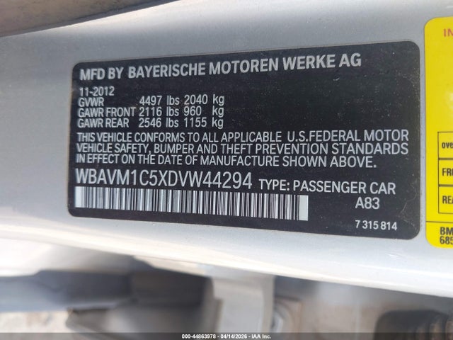 2013 Bmw X1 Sdrive28i მანქანა იყიდება აუქციონზე, vin: WBAVM1C5XDVW44294, აუქციონის ნომერი: 44863978