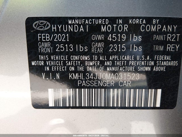 Aukcja sprzedaży 2021 Hyundai Sonata Sel, vin: KMHL34JJ0MA031523, numer aukcji: 44863979