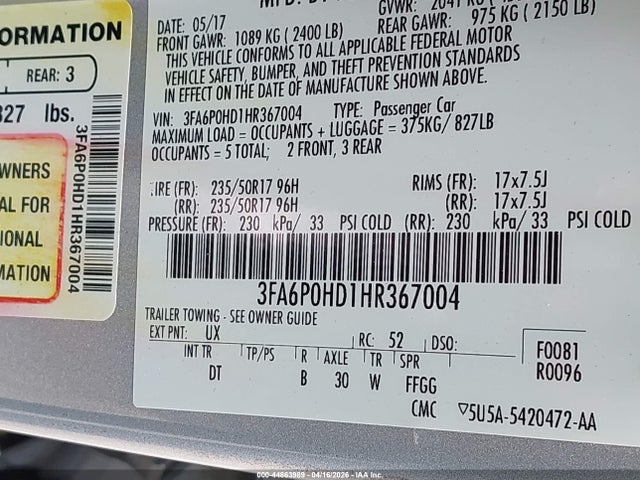Aukcja sprzedaży 2017 Ford Fusion Se, vin: 3FA6P0HD1HR367004, numer aukcji: 44863989