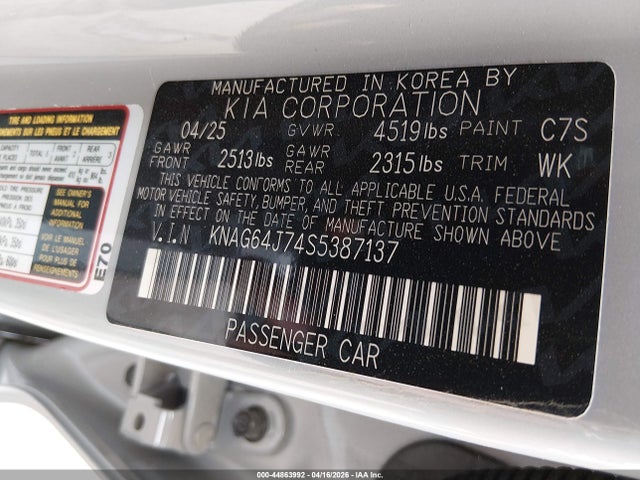 Продаж на аукціоні авто 2025 Kia K5 Gt-line, vin: KNAG64J74S5387137, номер лоту: 44863992