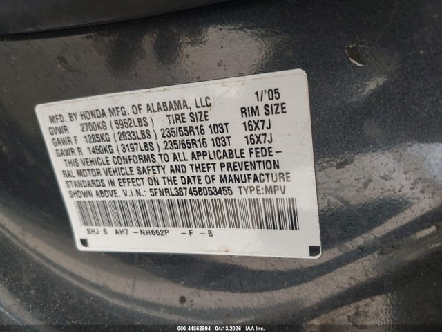 Продажа на аукционе авто 2005 Honda Odyssey Ex-l, vin: 5FNRL38745B053455, номер лота: 44863994