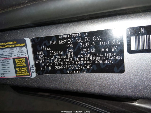 3KPF24AD9PE572148 KIA Forte Lxs