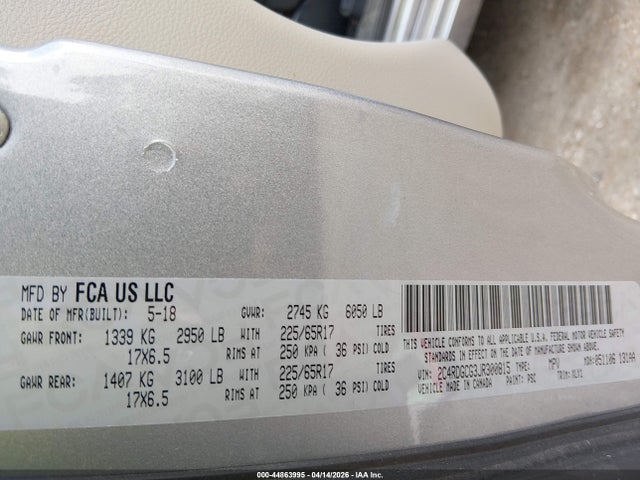 Aukcja sprzedaży 2018 Dodge Grand Caravan Sxt, vin: 2C4RDGCG3JR300815, numer aukcji: 44863995