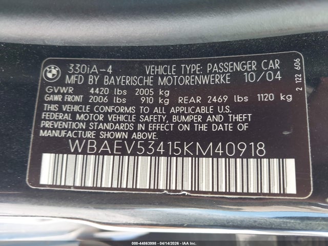 2005 Bmw 330i მანქანა იყიდება აუქციონზე, vin: WBAEV53415KM40918, აუქციონის ნომერი: 44863998