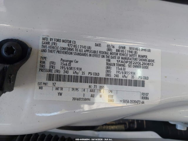 Aukcja sprzedaży 2016 Ford Focus S, vin: 1FADP3E22GL293813, numer aukcji: 44864004