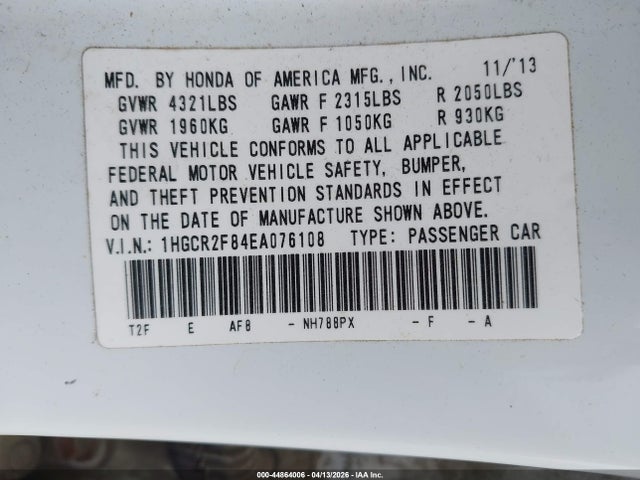 Продажа на аукционе авто 2014 Honda Accord Ex-l, vin: 1HGCR2F84EA076108, номер лота: 44864006