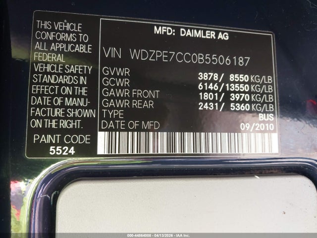 44864008 :رقم المزاد ، WDZPE7CC0B5506187 vin ، 2011 Mercedes-benz Sprinter 2500 Normal Roof مزاد بيع