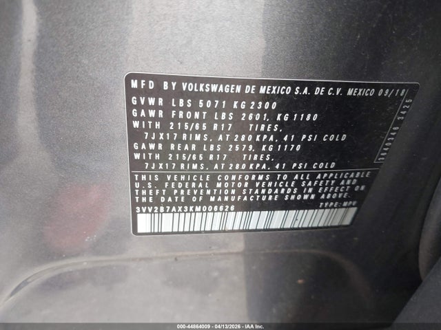 44864009 :رقم المزاد ، 3VV2B7AX3KM006626 vin ، 2019 Volkswagen Tiguan 2.0t Se/2.0t Sel/2.0t Sel R-line/2.0t Sel R-line Black مزاد بيع