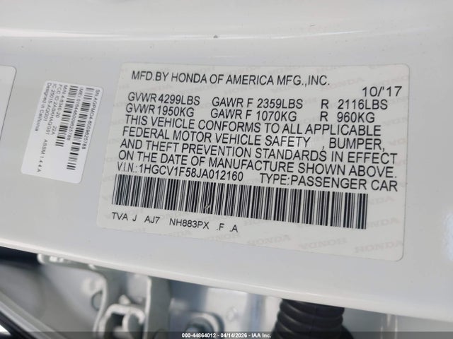 1HGCV1F58JA012160 Honda Accord Ex-l